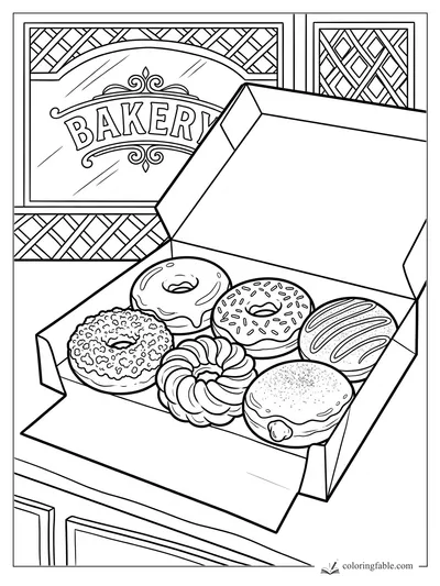Open bakery box with six assorted donuts in front of a bakery window sign