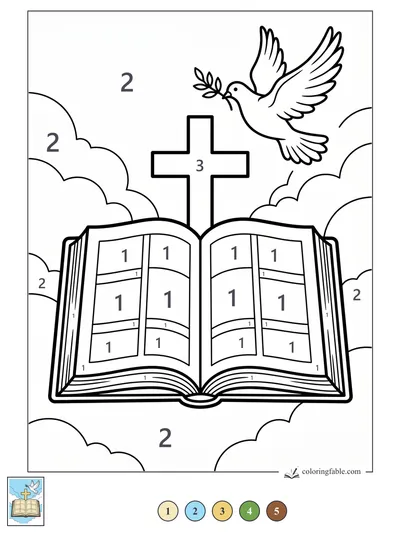 Open Bible with Cross and Dove — color by number