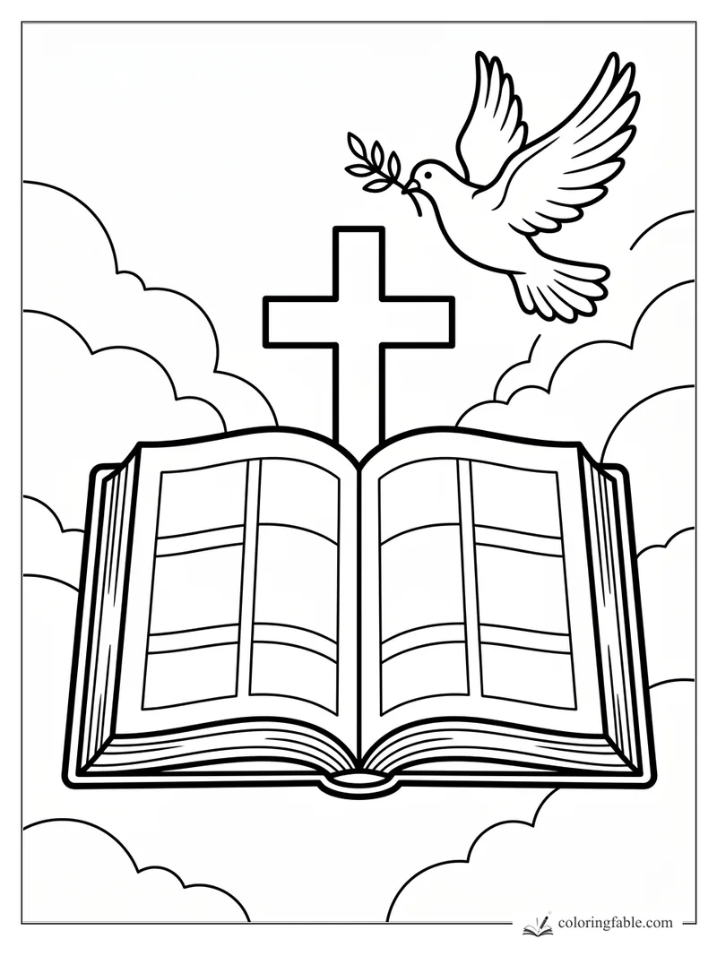 Open Bible coloring page with a cross, flying dove, olive branch, and clouds