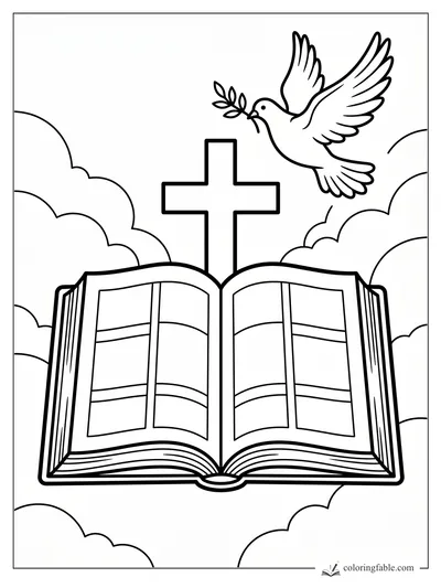Open Bible coloring page with a cross, flying dove, olive branch, and clouds