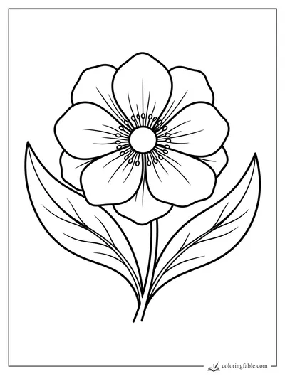 Minimalist flower coloring page with five broad petals, round center, stamens, and two curved leaves.