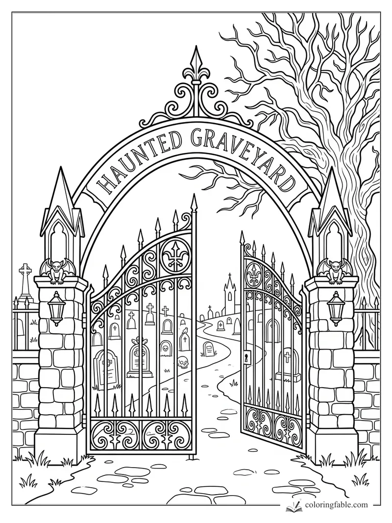 Gothic haunted graveyard gate with gargoyles, crooked tree, iron scrollwork, and tombstones
