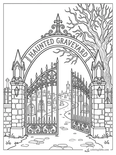 Gothic haunted graveyard gate with gargoyles, crooked tree, iron scrollwork, and tombstones