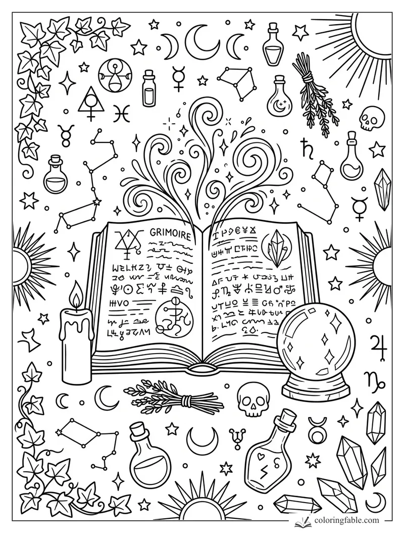 Open witch grimoire with swirling magic, crystal ball, candles, herbs, stars, moons, and potion bottles