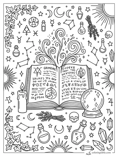 Open witch grimoire with swirling magic, crystal ball, candles, herbs, stars, moons, and potion bottles