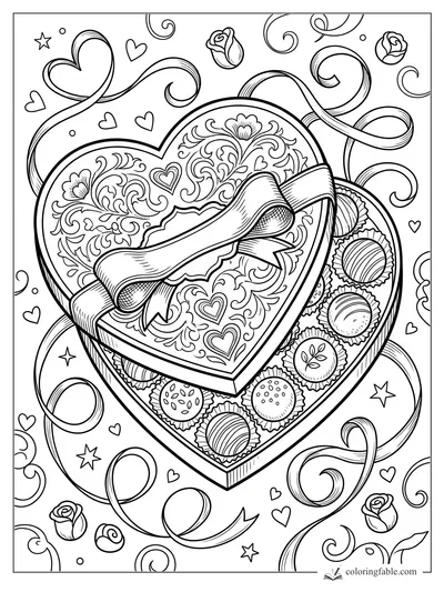 Intricate heart-shaped chocolate box with bow, floral lid, truffles, hearts, stars, roses, and curling ribbons