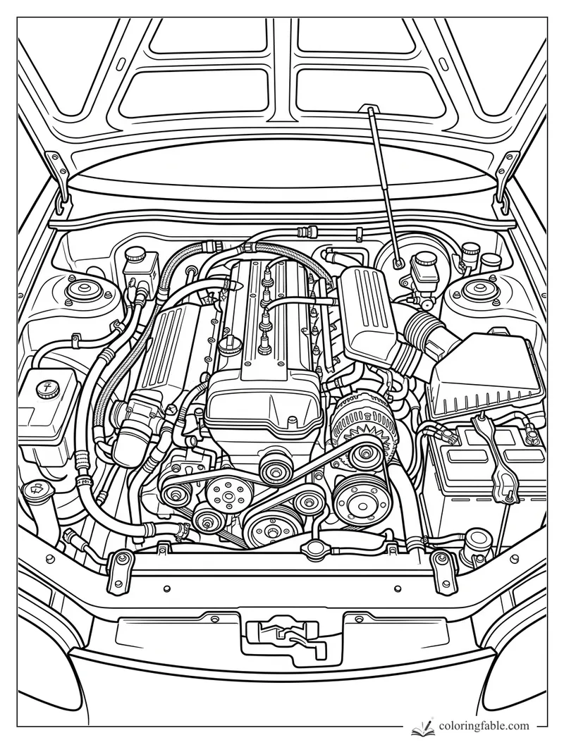 Realistic car engine bay coloring page with open hood, belts, hoses, battery, and fluid caps