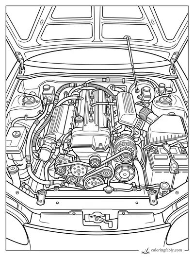 Realistic car engine bay coloring page with open hood, belts, hoses, battery, and fluid caps