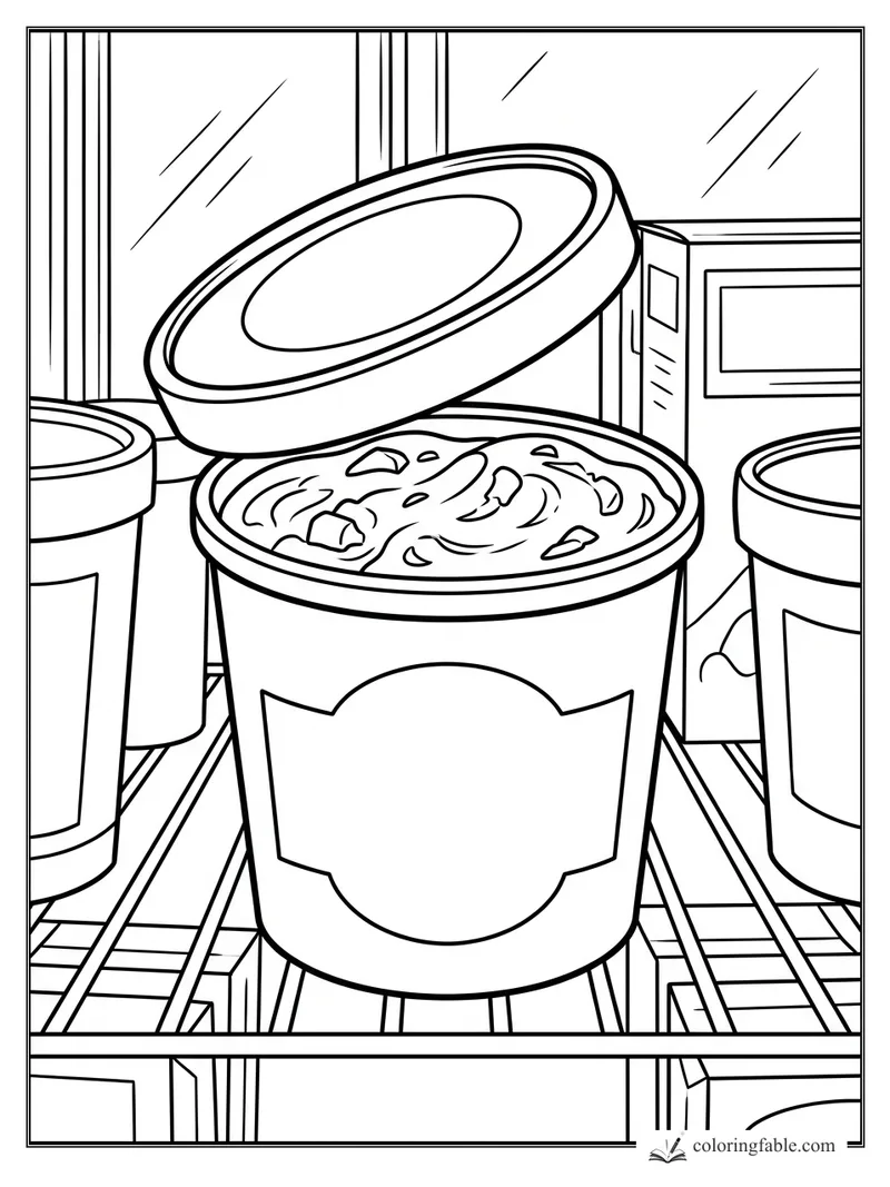 Open ice cream tub on a freezer shelf with lifted lid, side containers, and frosty window panels