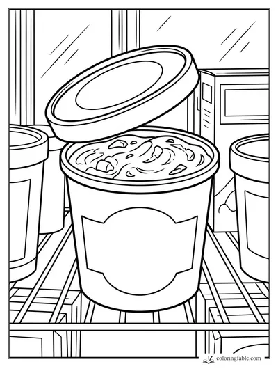 Open ice cream tub on a freezer shelf with lifted lid, side containers, and frosty window panels