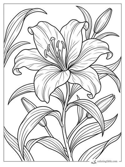 Realistic lily coloring page with curled petals, stamens, long leaves, and unopened buds