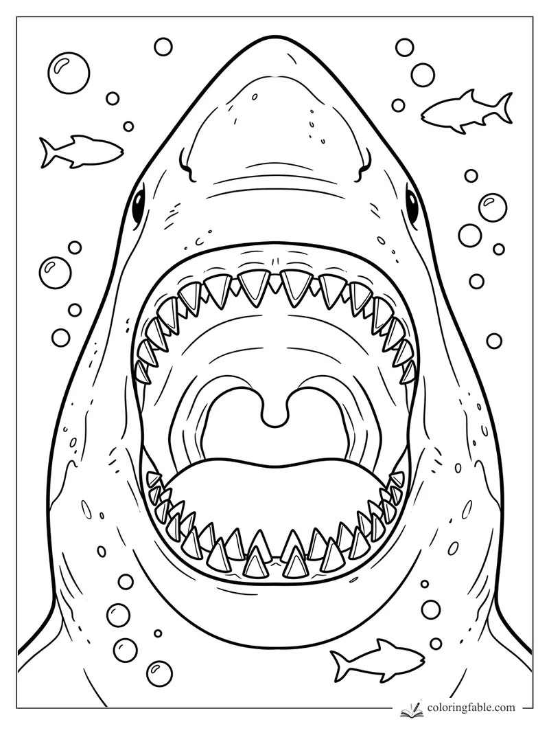 Front view of a shark with wide open jaws, sharp teeth, bubbles, and small fish around it
