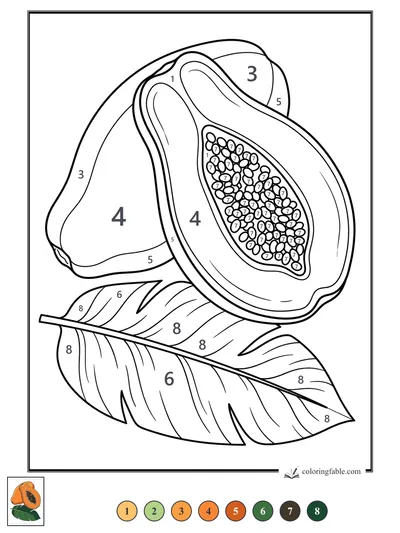 Open Papaya with Seeds on Broad Leaves — color by number