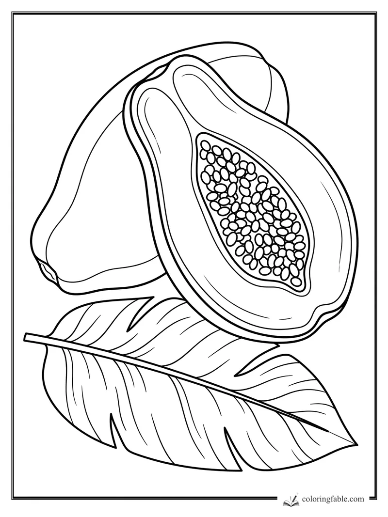 Papaya coloring page with a sliced seed-filled half, whole fruit, and large veined leaves