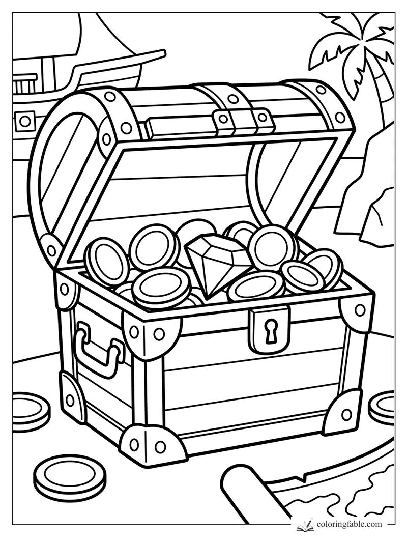 Open pirate treasure chest with coins, a big gem, ship, palm tree, and map for easy coloring