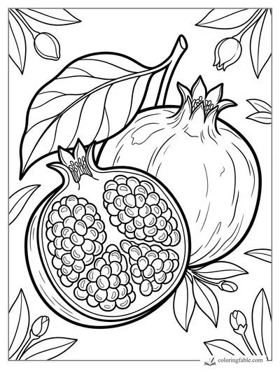 Pomegranate coloring page with one sliced fruit, one whole fruit, leafy stems, buds, and crown-shaped blossoms.