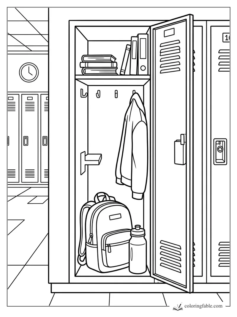 Open school locker coloring page with backpack, jacket, books, binders, water bottle, and hallway lockers.