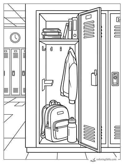 Open school locker coloring page with backpack, jacket, books, binders, water bottle, and hallway lockers.