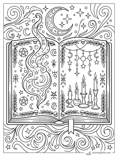 Open Halloween spell book with skull borders, moon smoke, stars, pentacles, and dripping candles