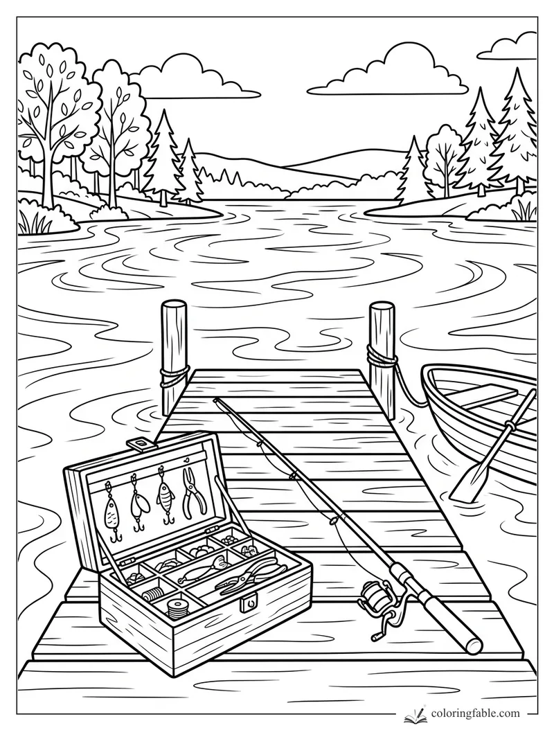 Fishing tackle box and rod on a wooden dock beside a rowboat on a calm summer lake