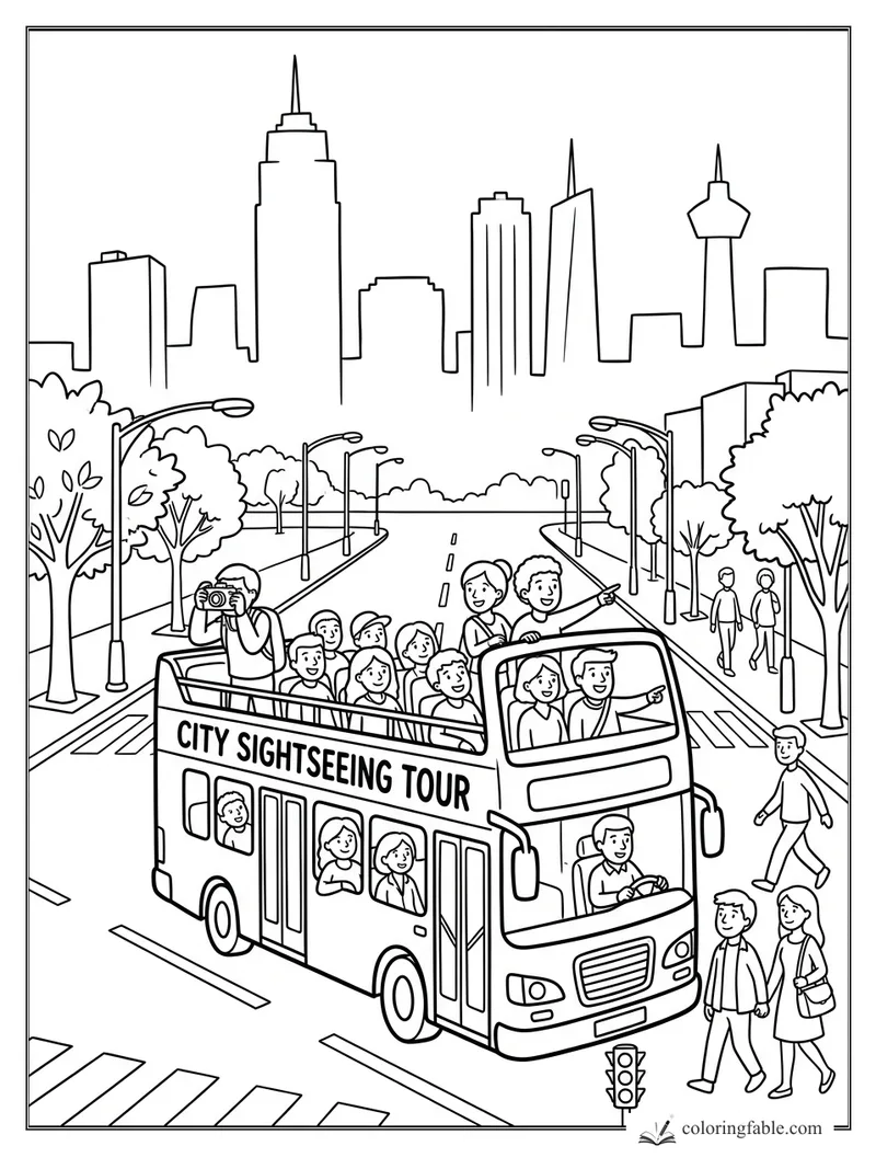 Open-top city sightseeing tour bus with tourists, camera, skyline, trees, crosswalks, and streetlights.