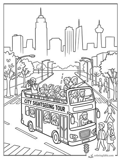 Open-top city sightseeing tour bus with tourists, camera, skyline, trees, crosswalks, and streetlights.