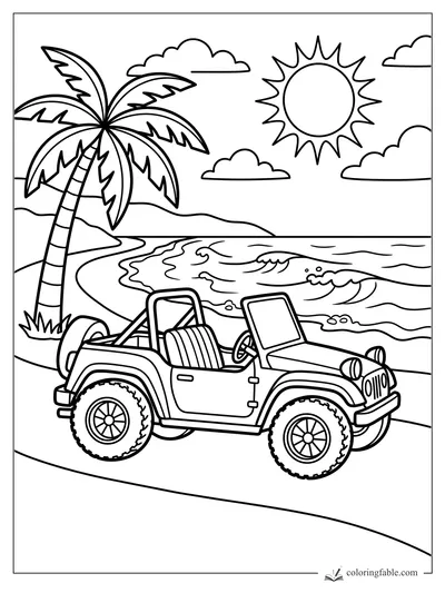 Easy coloring page of an open-top jeep parked by palm trees, ocean waves, clouds, and a bright sun.