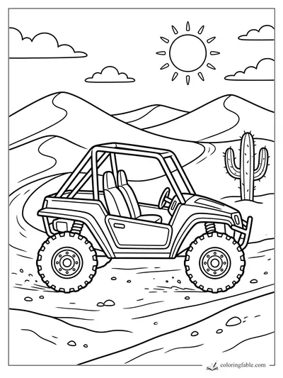 Cartoon open-top off-road car on a rocky desert trail with cactus, sun, clouds, and winding hills.