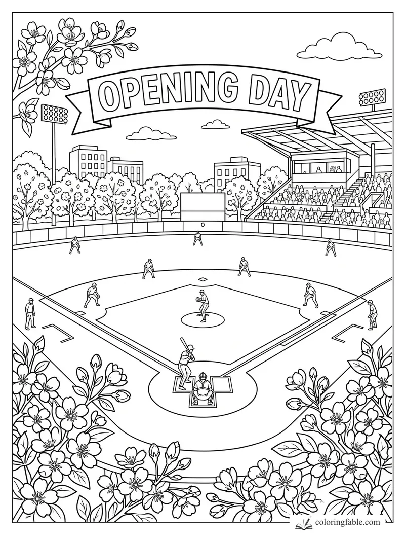 Opening Day baseball coloring page with players on the field, packed stands, city trees, and spring flowers.