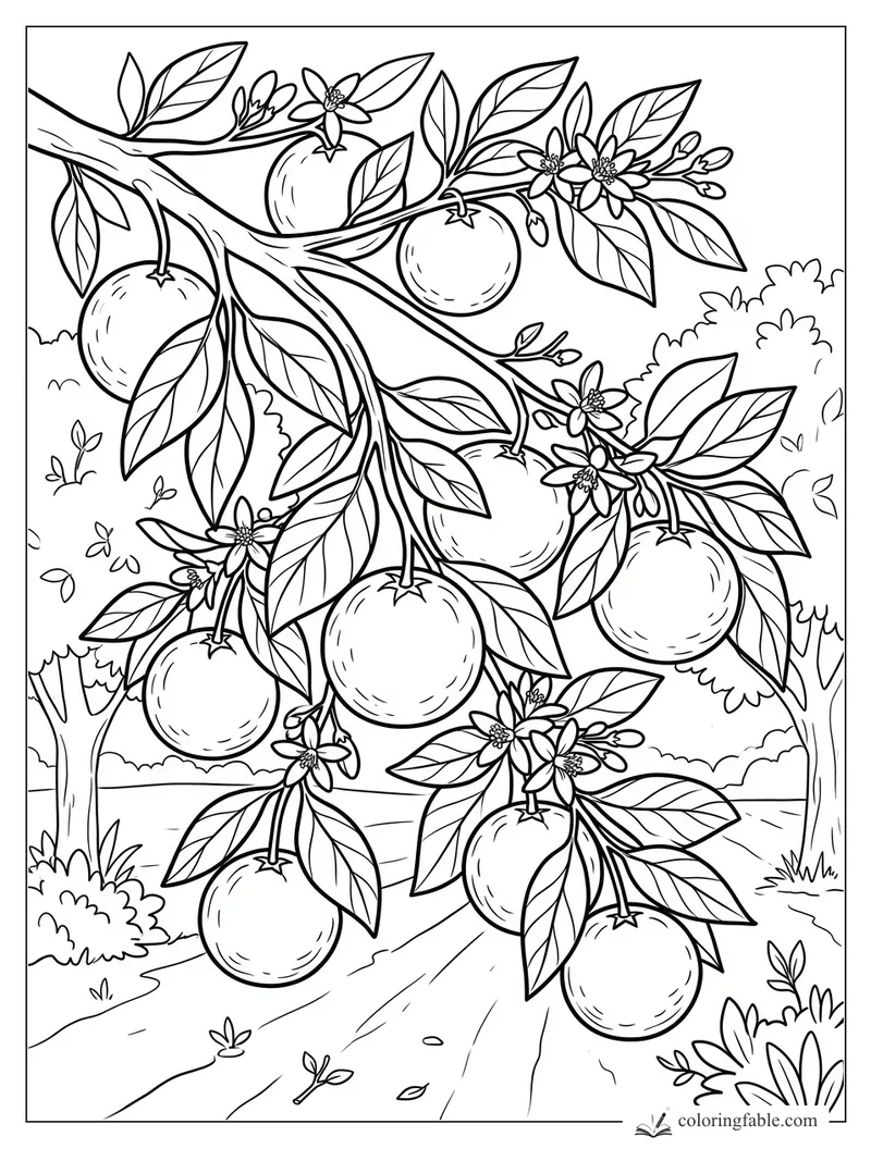 Orange tree coloring page with fruit, blossoms, leaves, and a winding garden path