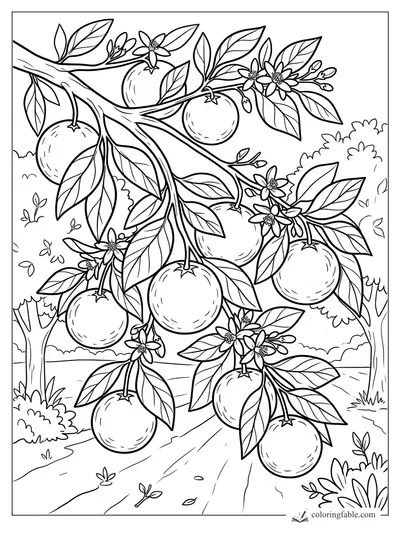 Orange tree coloring page with fruit, blossoms, leaves, and a winding garden path