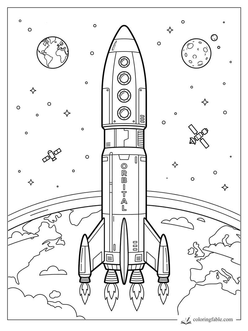 Tall orbital rocket with four windows, satellites, stars, Earth, and a cratered moon in space.