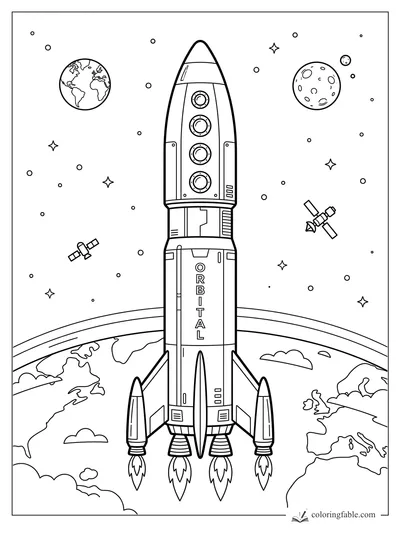 Tall orbital rocket with four windows, satellites, stars, Earth, and a cratered moon in space.