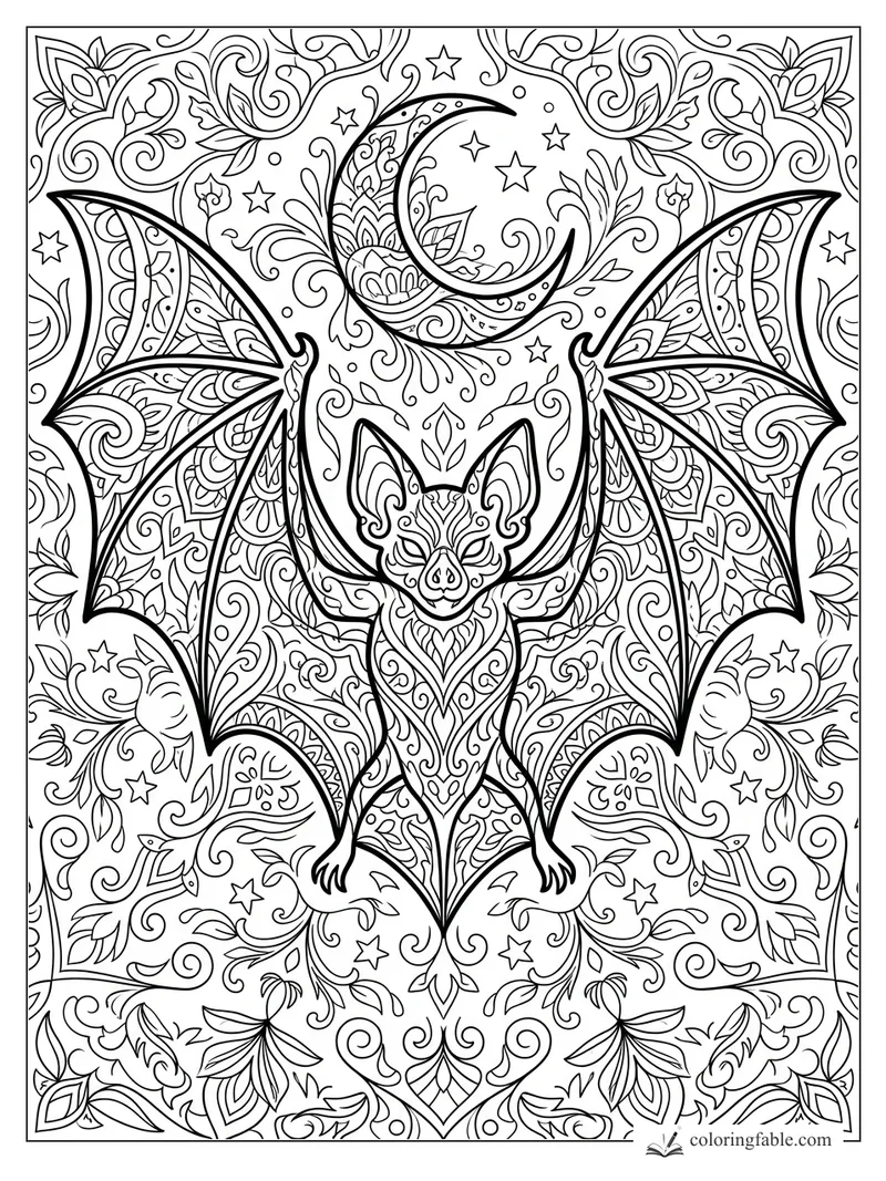 Intricate mandala bat with spread wings, crescent moon, stars, vines, and floral scrollwork.