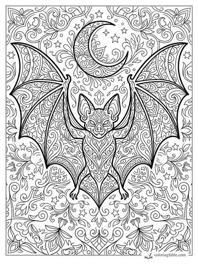 Intricate mandala bat with spread wings, crescent moon, stars, vines, and floral scrollwork.