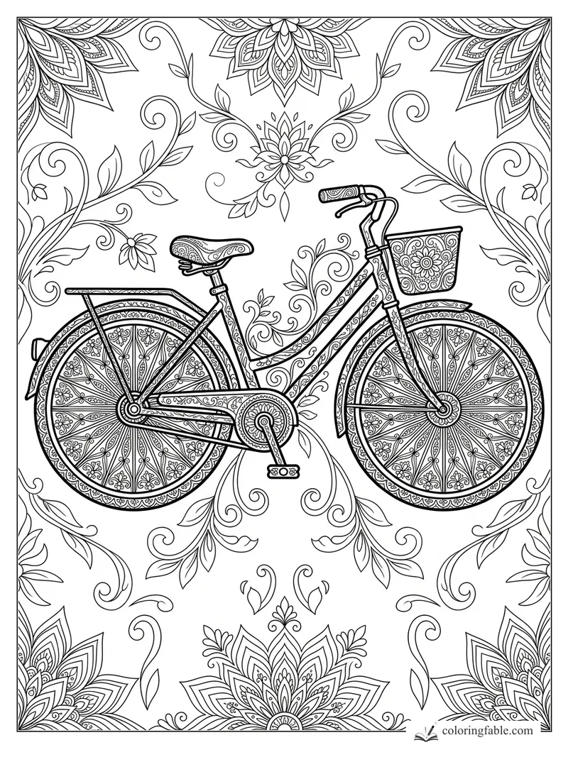 Intricate mandala bicycle with floral wheels, patterned basket, vines, and lotus-style corner designs.