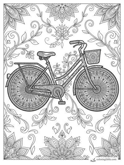 Intricate mandala bicycle with floral wheels, patterned basket, vines, and lotus-style corner designs.