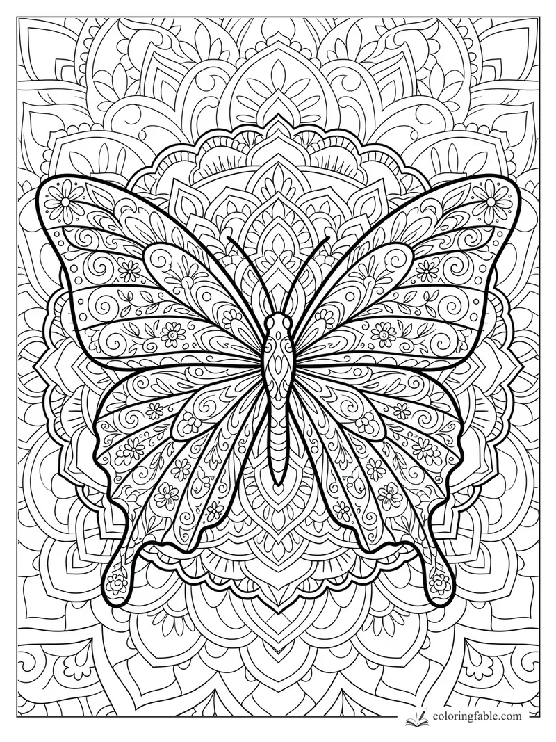 Intricate butterfly mandala with floral wing patterns, spirals, petals, and layered background arches