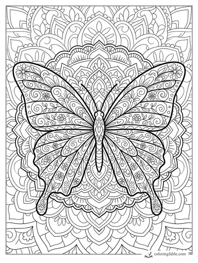Intricate butterfly mandala with floral wing patterns, spirals, petals, and layered background arches