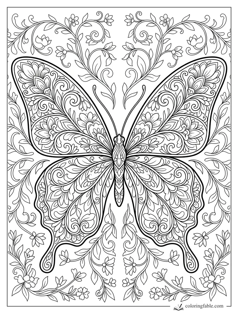 Intricate butterfly coloring page with floral wing patterns, curling vines, leaves, and small blossoms.
