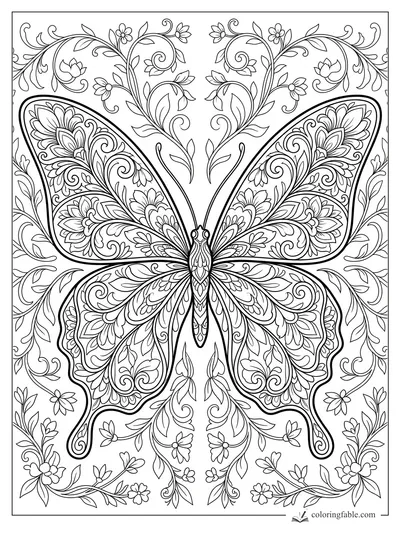 Intricate butterfly coloring page with floral wing patterns, curling vines, leaves, and small blossoms.