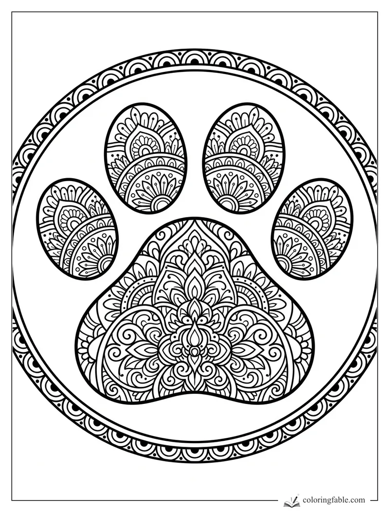 Intricate cat paw mandala with patterned toe beans and floral swirls inside a circular border