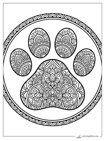 Intricate cat paw mandala with patterned toe beans and floral swirls inside a circular border