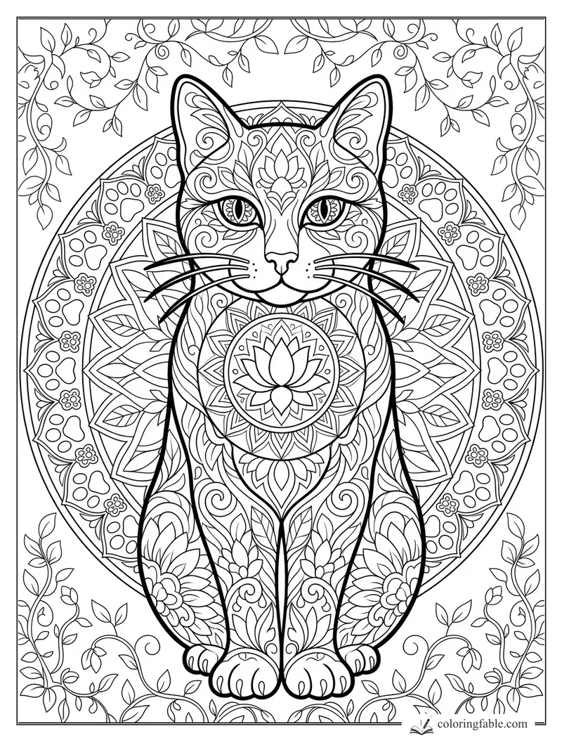 Intricate mandala cat with lotus chest design, paw-print halo, vines, leaves, and long whiskers