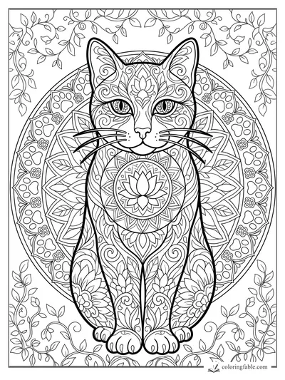 Intricate mandala cat with lotus chest design, paw-print halo, vines, leaves, and long whiskers