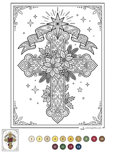 Ornate Christmas Cross with Poinsettias and Star — color by number