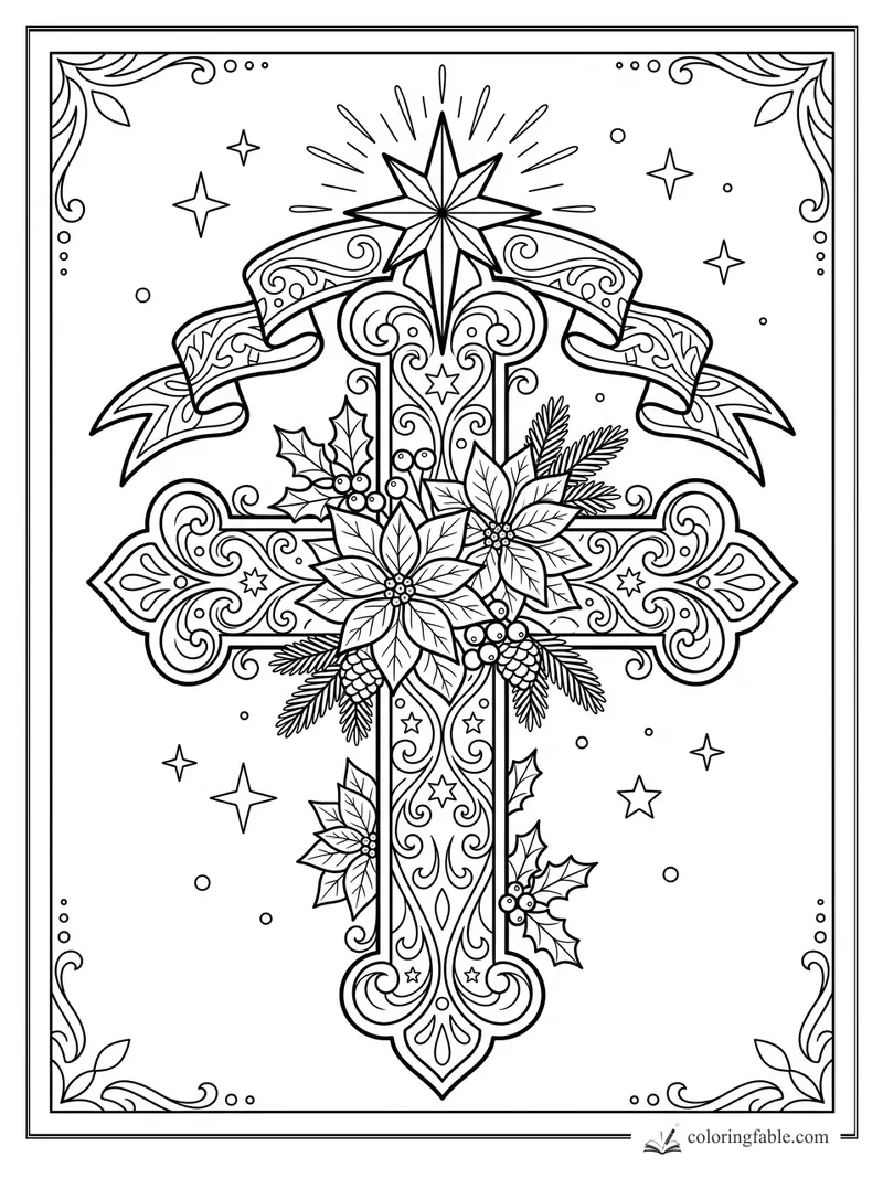 Ornate Christmas cross with poinsettias, holly, pinecones, ribbons, stars, and leafy border
