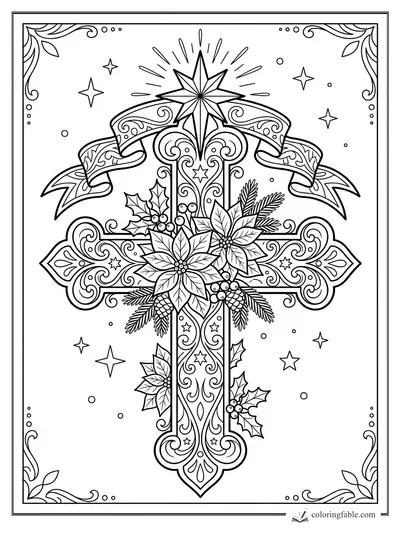 Ornate Christmas cross with poinsettias, holly, pinecones, ribbons, stars, and leafy border