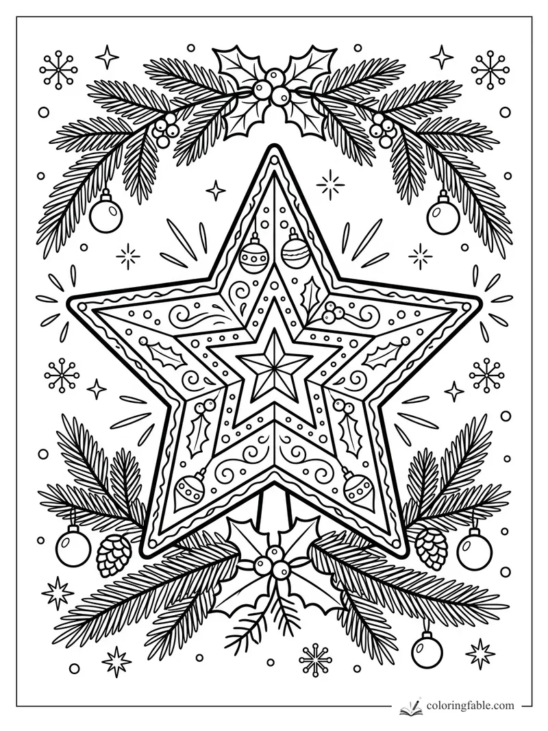 Ornate Christmas star with holly, ornaments, pine branches, cones, snowflakes, and tiny stars