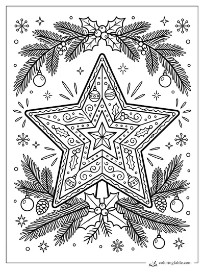 Ornate Christmas star with holly, ornaments, pine branches, cones, snowflakes, and tiny stars